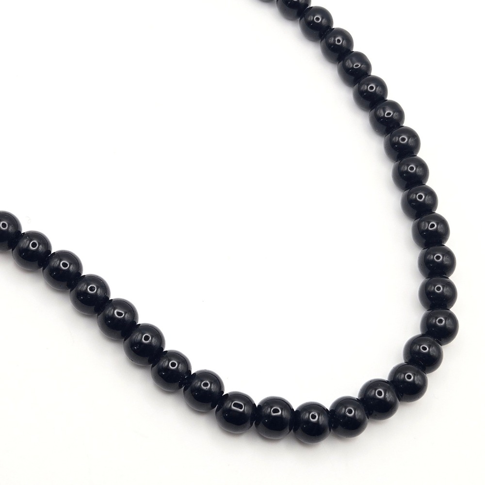 Black Onyx Bead Necklace 8mm Polished Round Stone Strand 16in Silver Tone Clasp